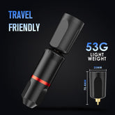 STIGMA wireless tattoo battery connected to a pen, highlighting its 53g lightweight and compact 70.4x35mm travel-friendly size.